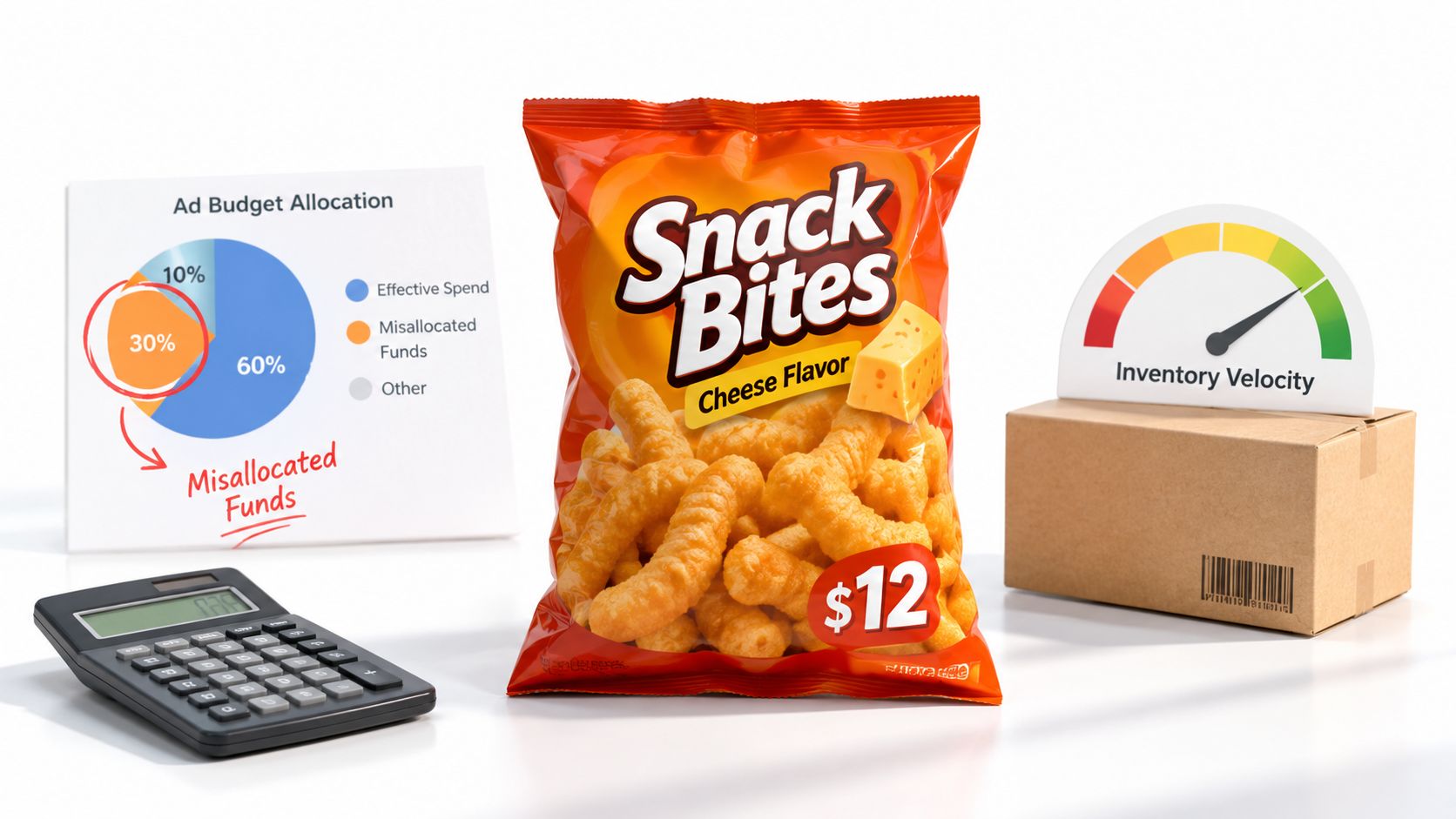 A snack bag, calculator, ad budget pie chart, and inventory velocity gauge representing Amazon advertising data analysis.