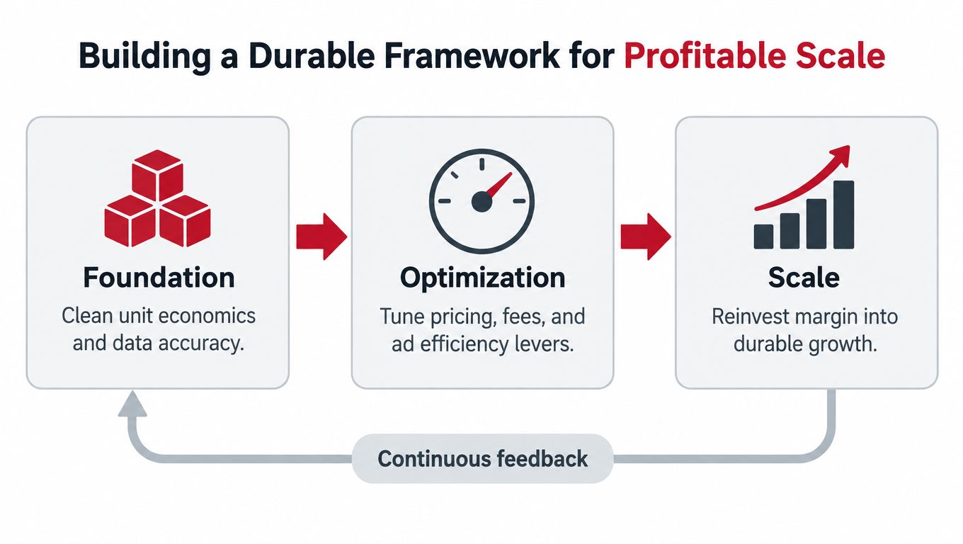 A diagram illustrating a three-step business framework: foundation, optimization, and scale, with continuous feedback for profitable growth.