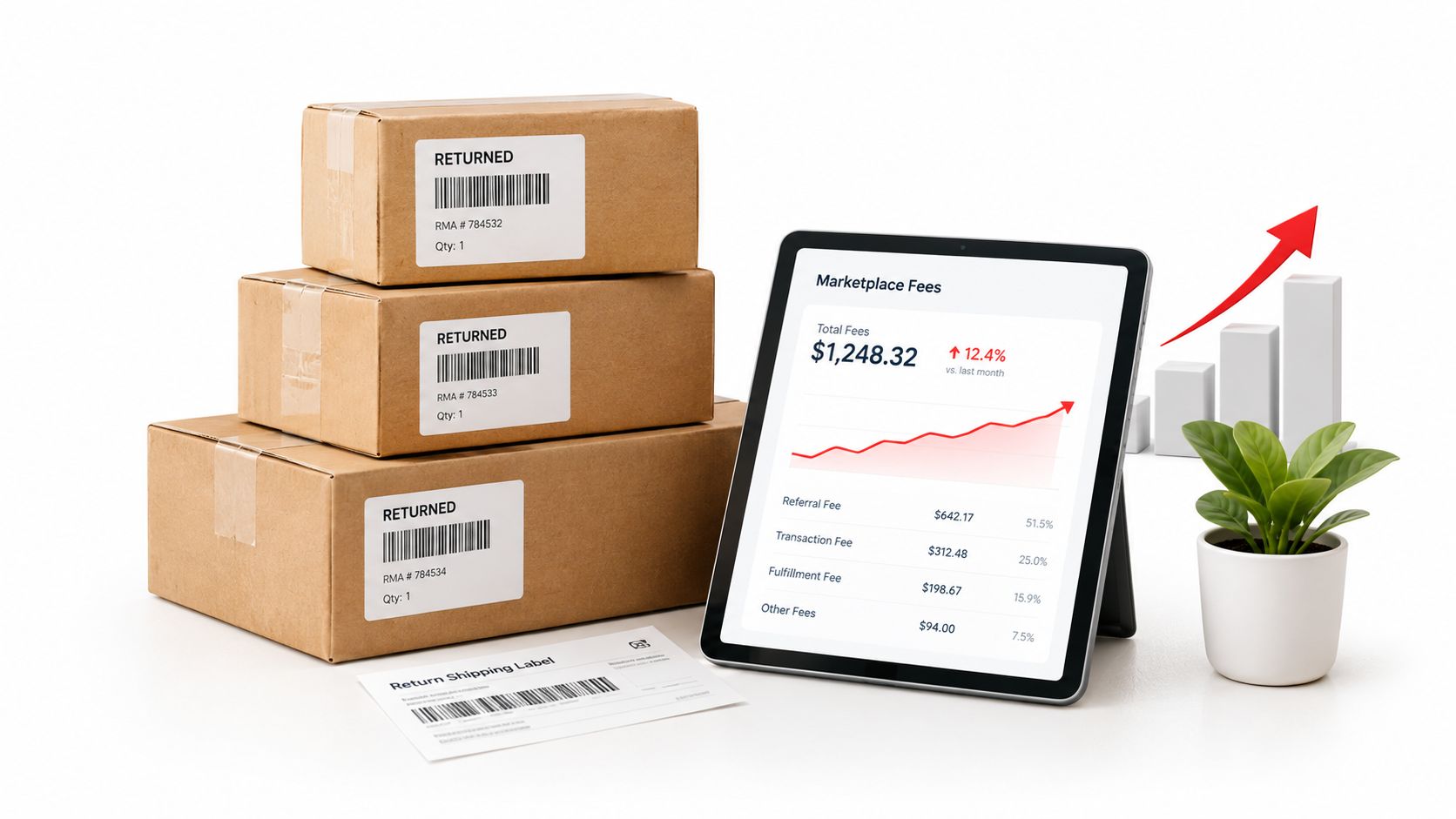 Stack of returned shipping boxes next to a tablet showing marketplace fees and a bar graph.