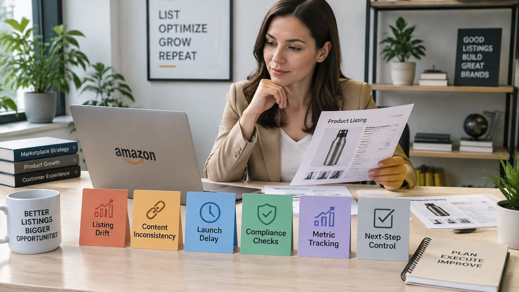 A professional woman at a desk with Amazon listing documentation and signs about optimizing product listings.