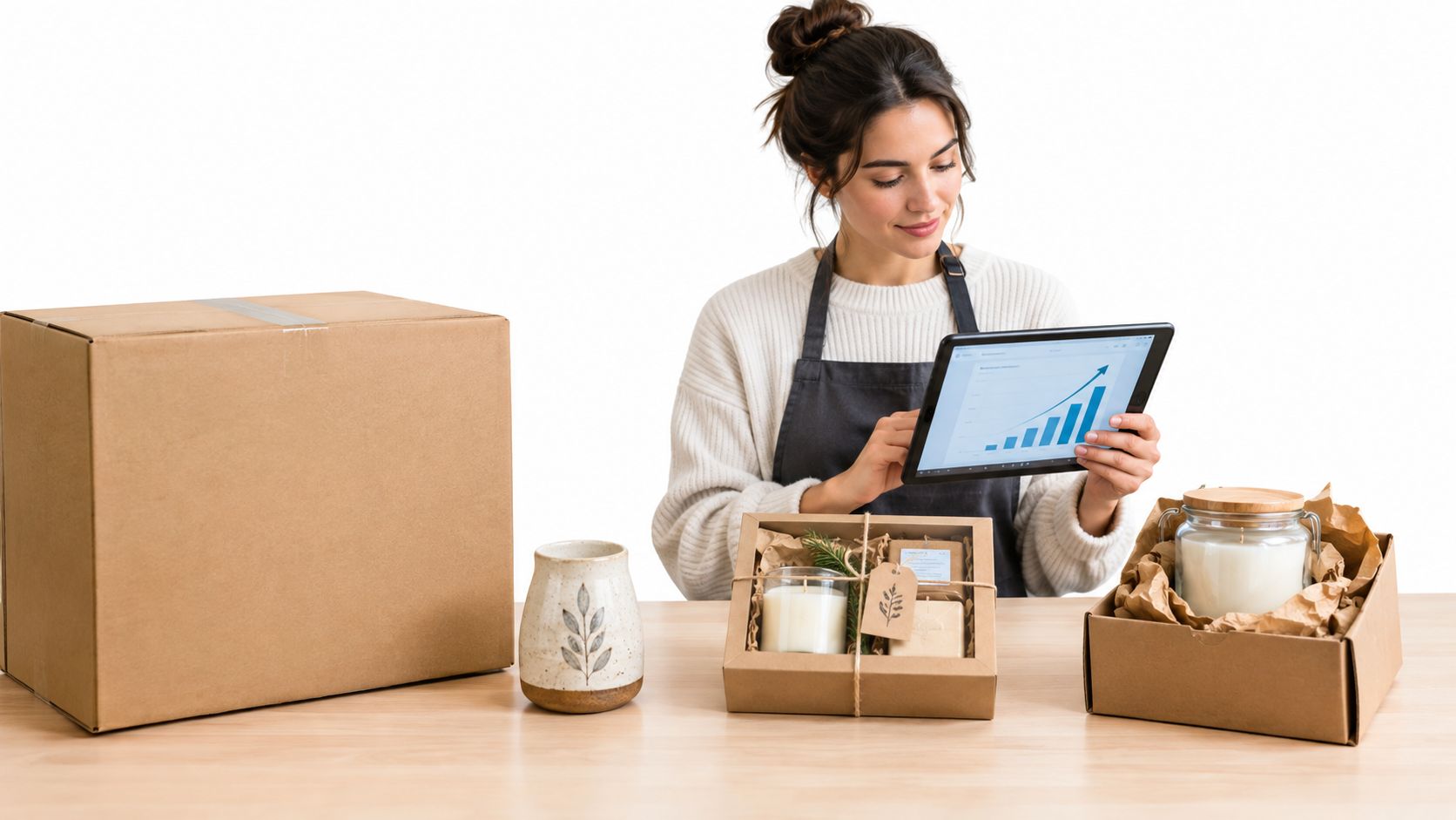 An entrepreneur manages her e-commerce business by checking sales data on a tablet while packing candles.