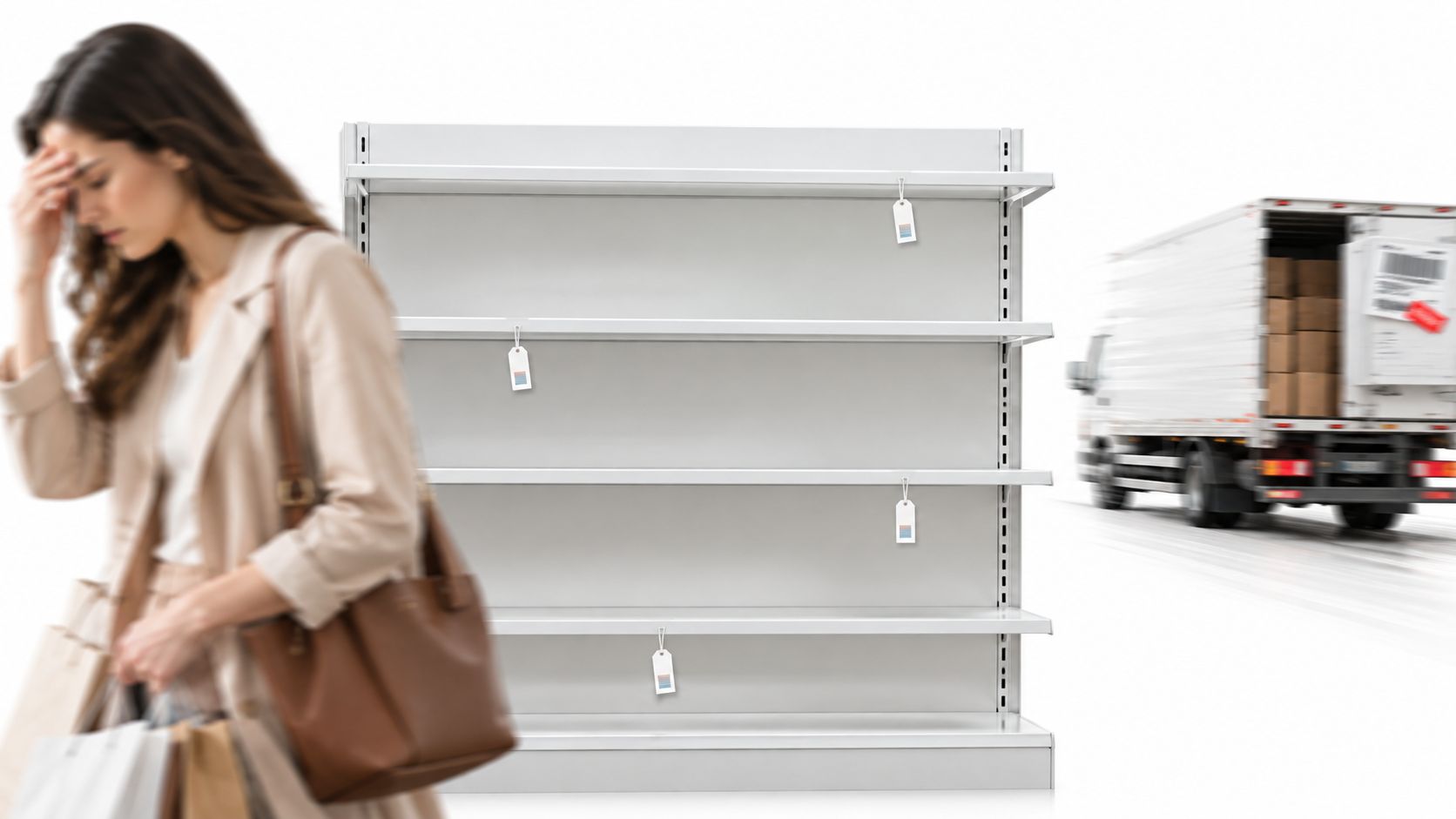 A distressed shopper stands in front of empty retail shelves while a delivery truck drives by blurred.