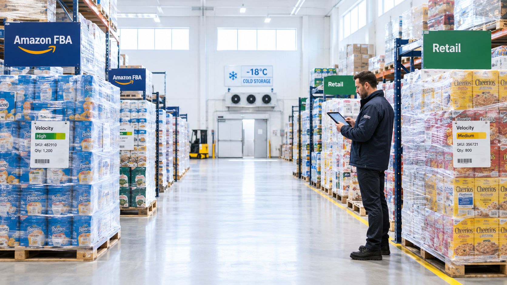 A worker using a digital tablet to manage inventory in a large, organized warehouse with pallet racks.