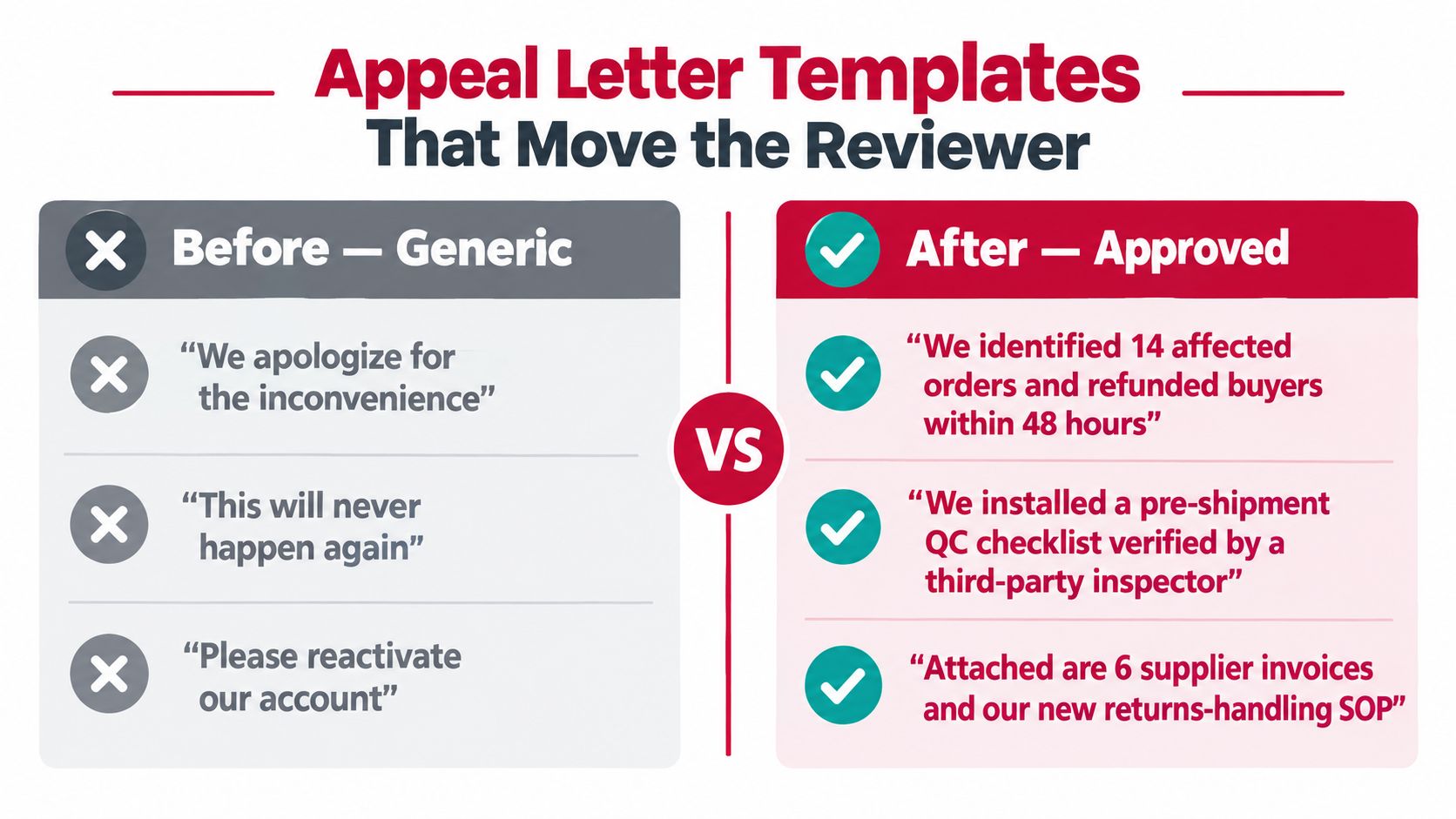 A comparison chart showing generic vs. effective appeal letter phrases for suspended online seller accounts.