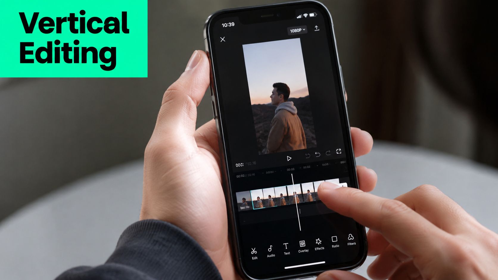 A close-up view of a person using a mobile video editing app to trim vertical content.