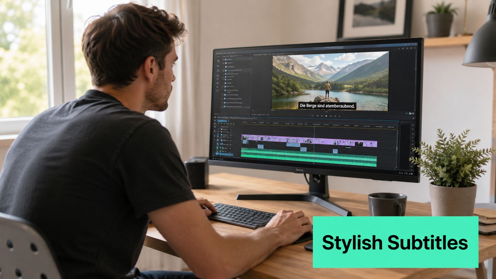 A young man editing a video on a computer screen featuring beautiful mountain landscape footage with subtitles.