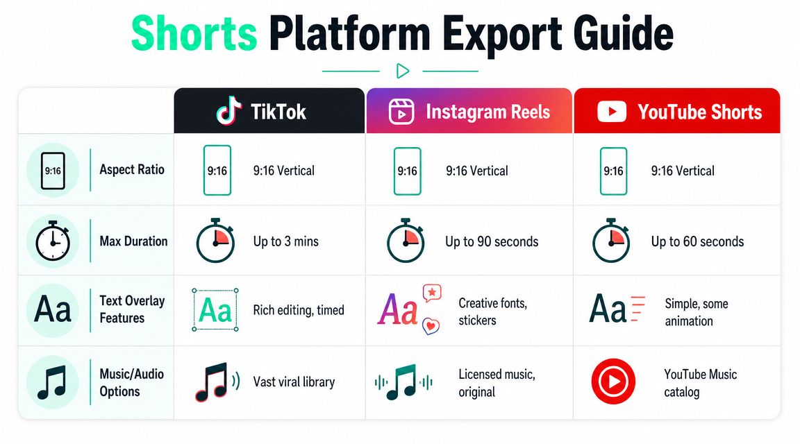 A comparison chart showing technical specifications for TikTok, Instagram Reels, and YouTube Shorts video creation platforms.