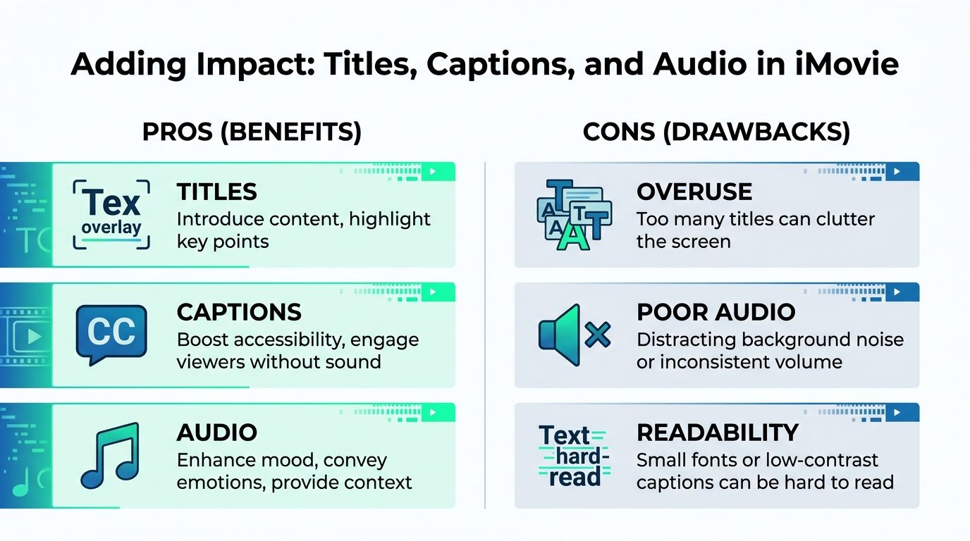 A comparison chart highlighting the pros and cons of using titles, captions, and audio in iMovie.
