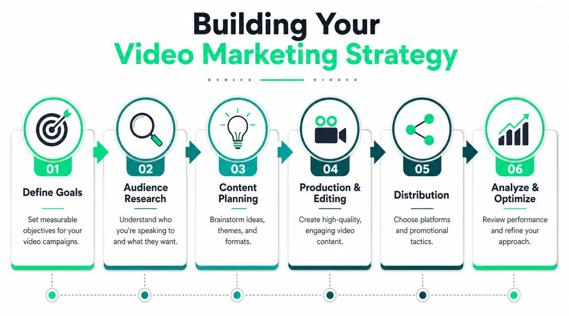 An infographic titled Building Your Video Marketing Strategy showing six numbered steps for creating successful video content.