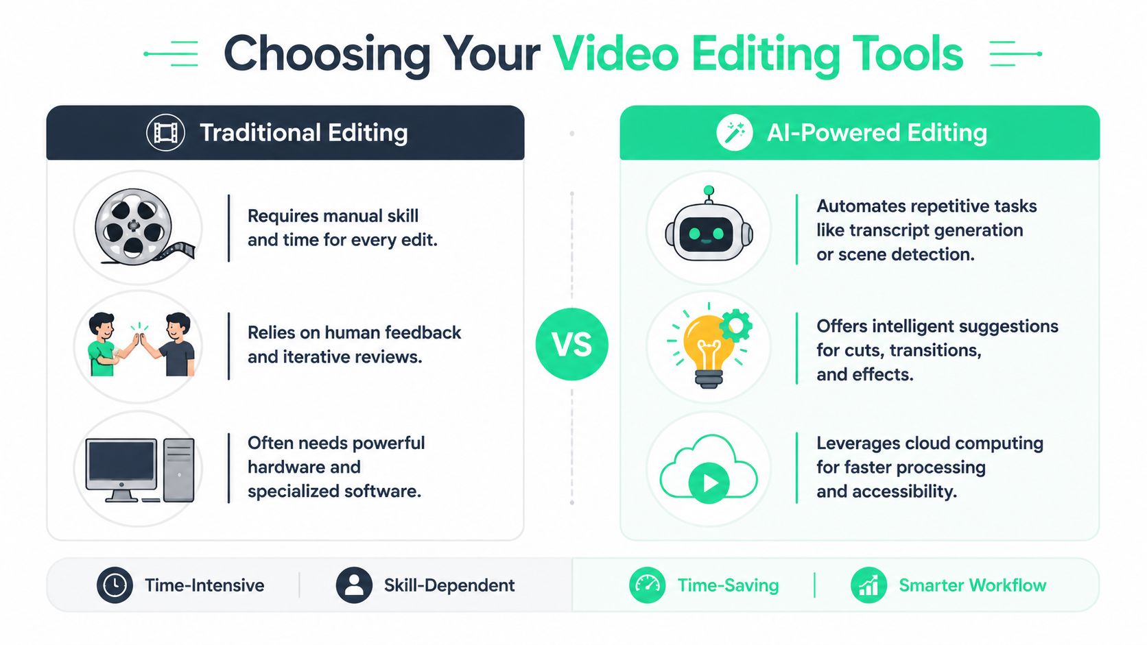 A comparison chart showing the differences between traditional manual video editing and AI-powered automated video editing tools.
