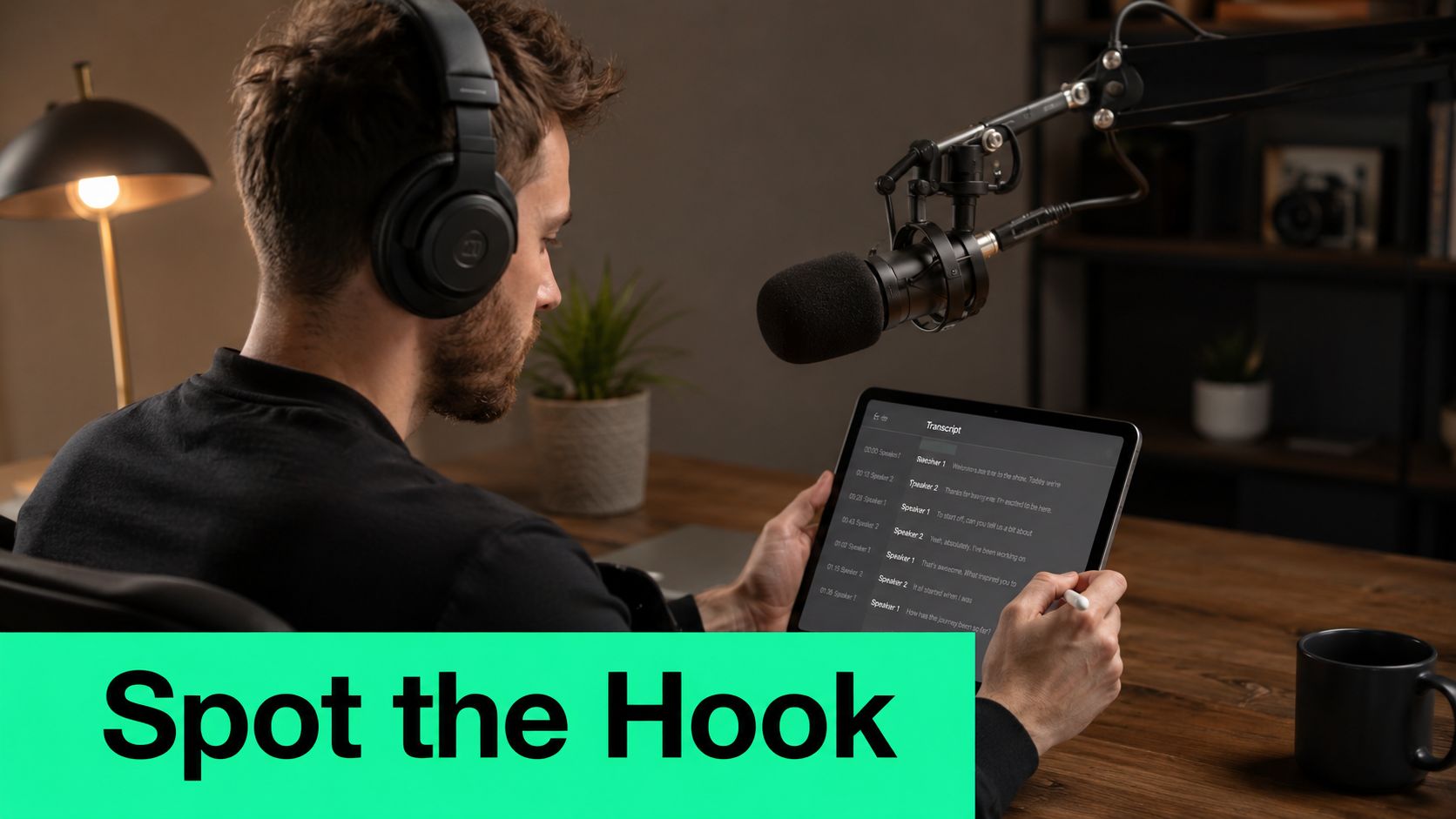 A podcast host with headphones uses a digital tablet to review a video transcript in a studio.