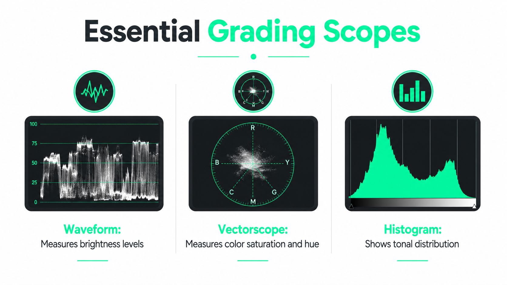 A visual guide explaining the three essential video color grading scopes including waveform, vectorscope, and histogram.