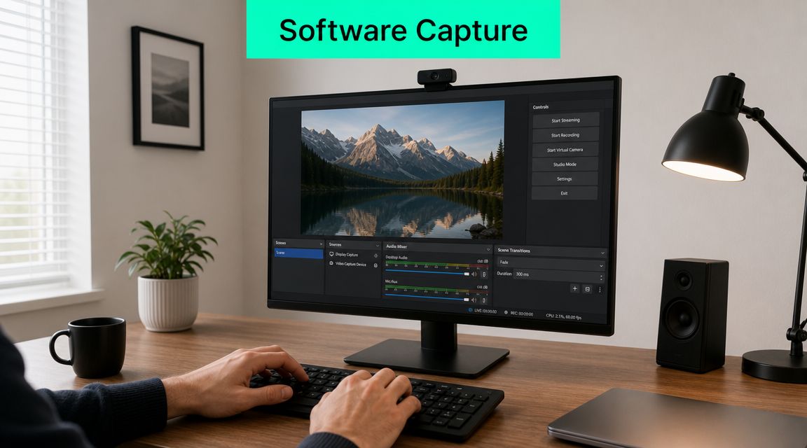A person typing on a computer keyboard in front of a monitor showing streaming software settings.
