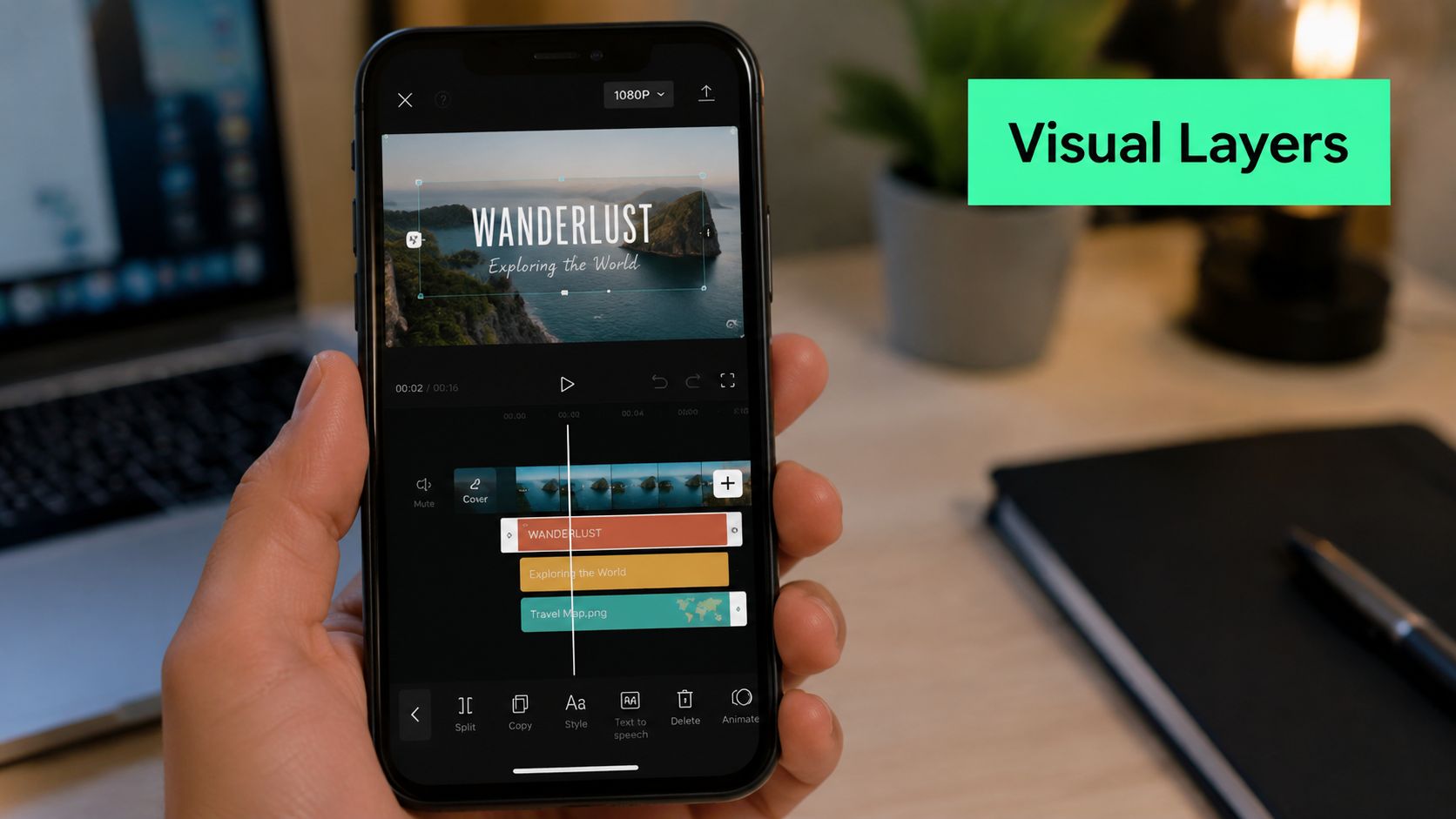 A close-up view of a hand holding a smartphone showing a video editing application with timeline layers.