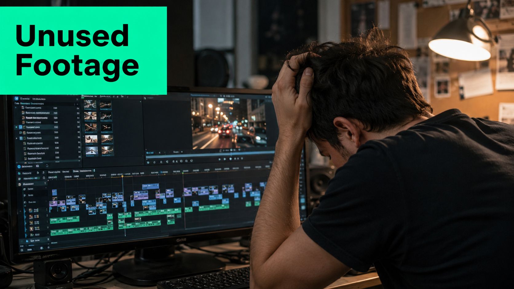 A frustrated video editor sitting at a desk looking at a complex video editing project on screen.