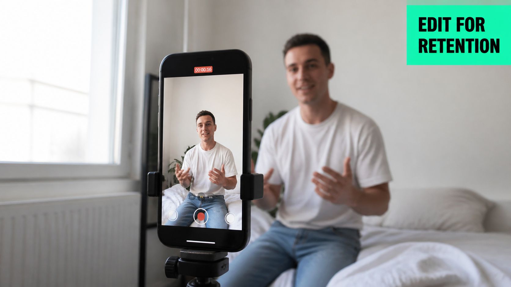 A content creator records himself speaking for a short-form video on a smartphone mounted on a tripod.
