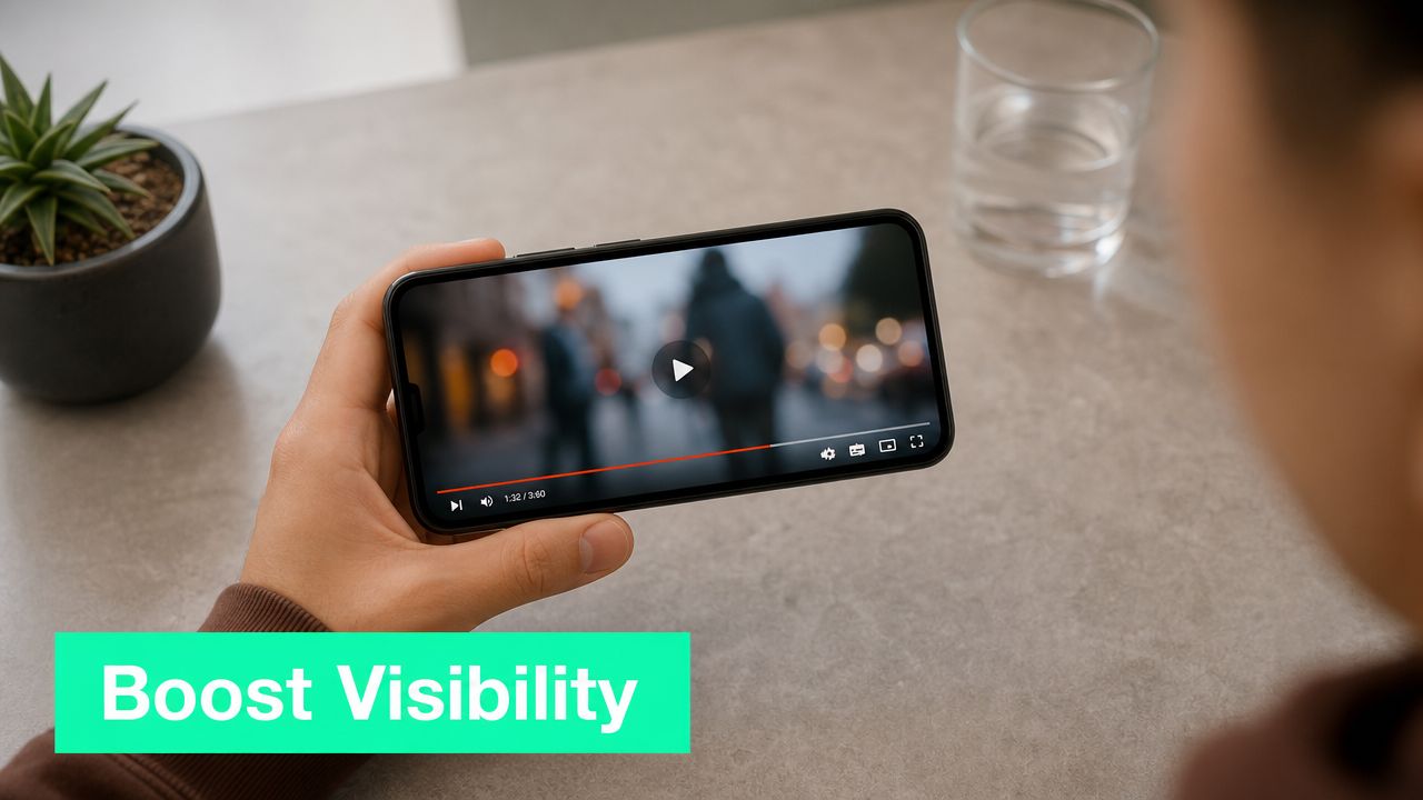 A person watching a video on a smartphone held in their hand at a desk.