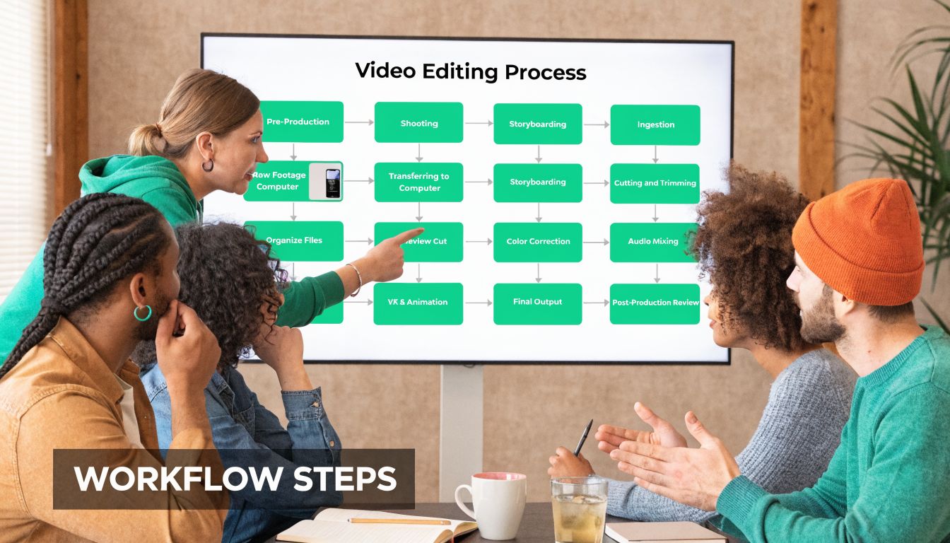 A diverse group of professionals collaborates on a video editing workflow process diagram on a large screen.