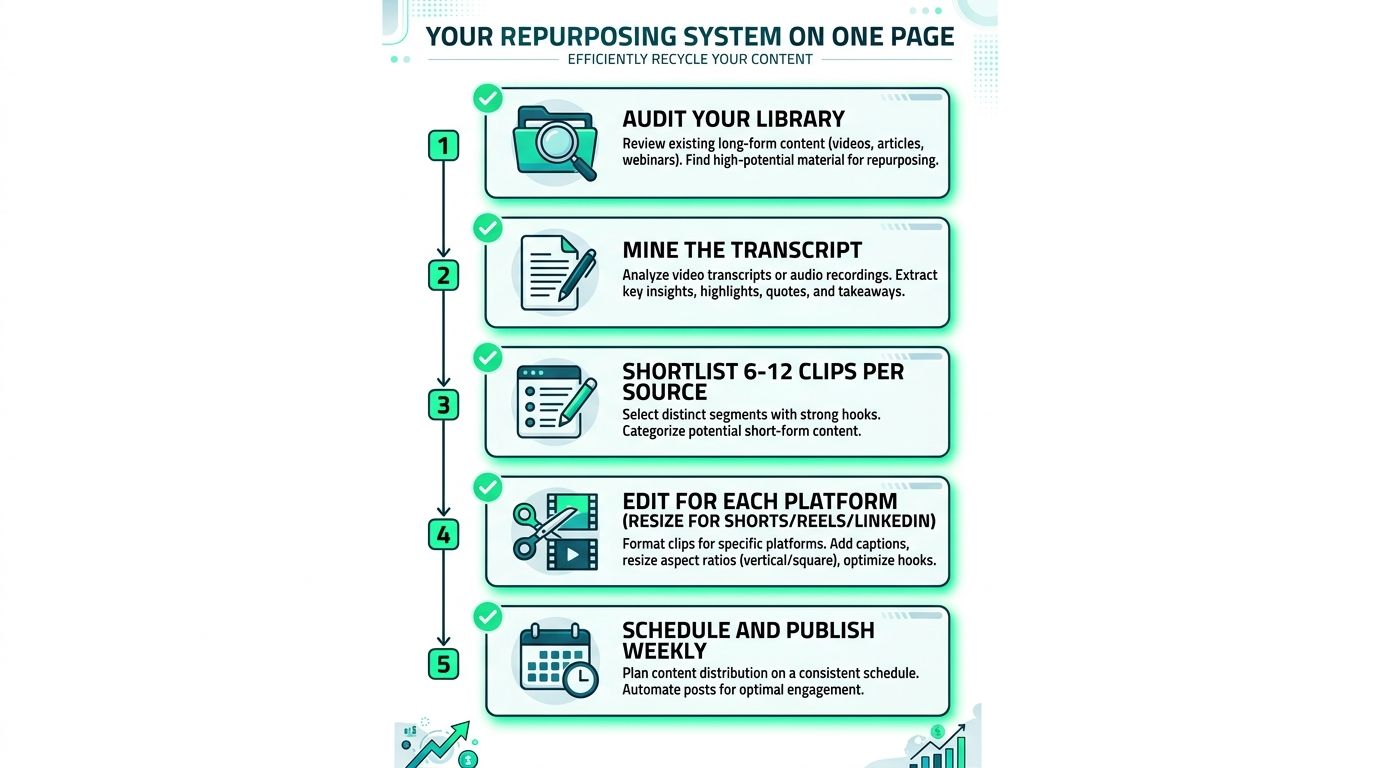 A five-step infographic illustrating a system for repurposing long-form content into shorter formats for social media.