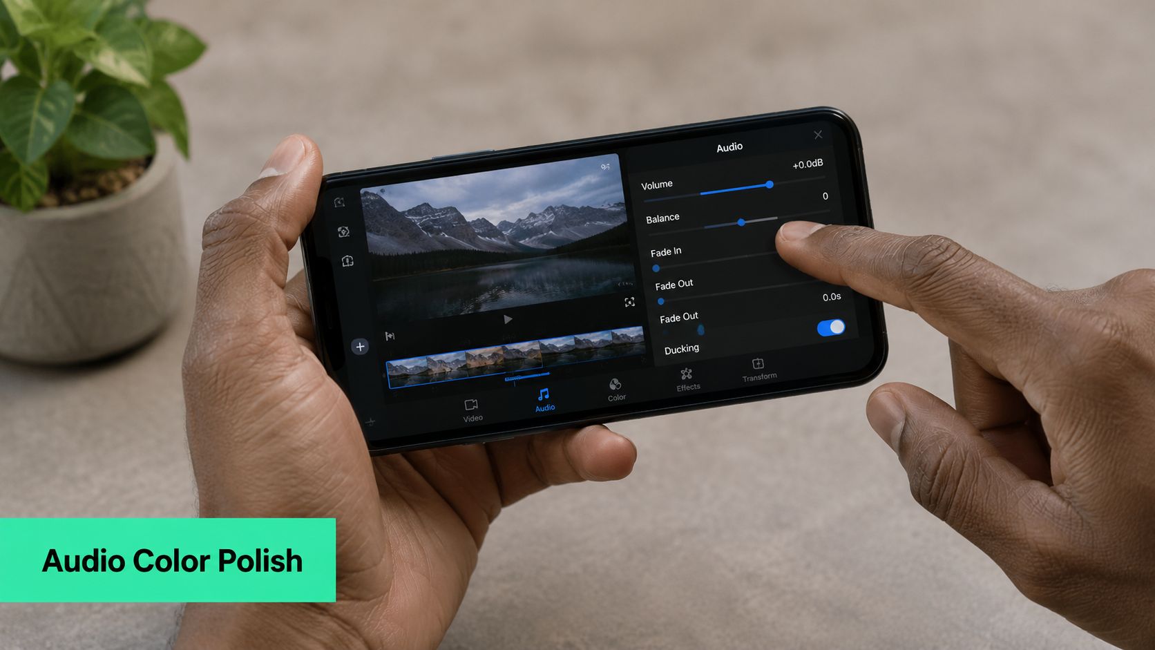 A person editing audio settings on a smartphone app while holding the device horizontally.