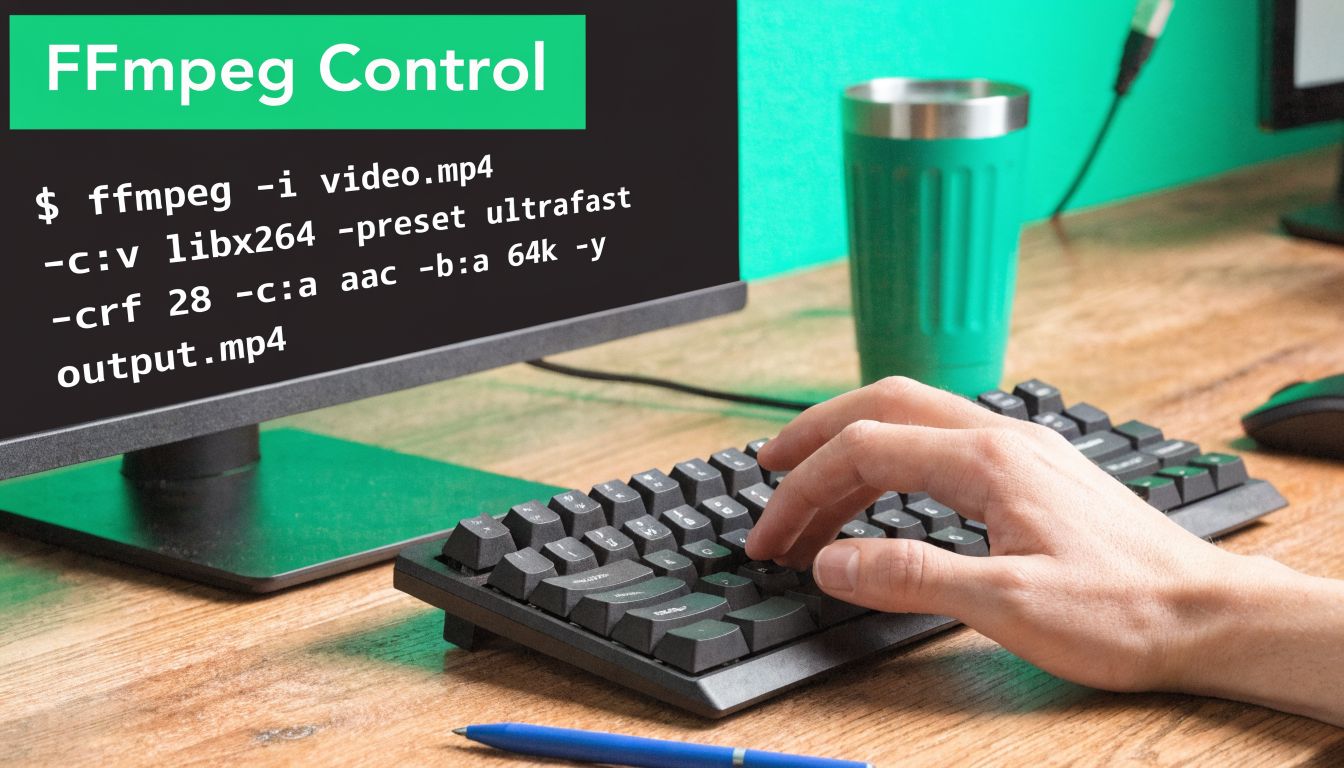A person typing a command into a computer terminal to compress a video file using FFmpeg.