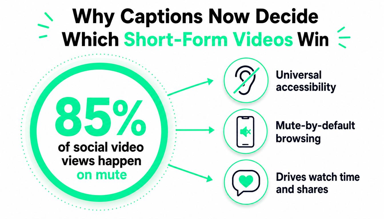 An infographic showing that 85% of social videos are watched on mute, highlighting why captions are important.