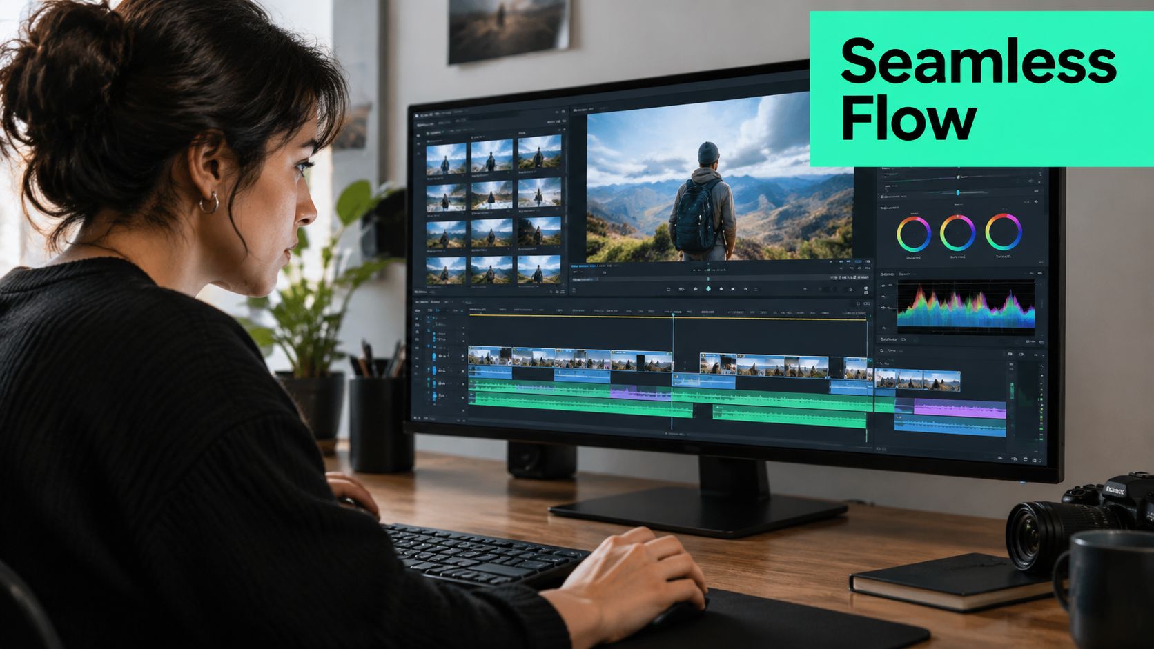 A woman working on video editing software on a computer screen in a home office environment.