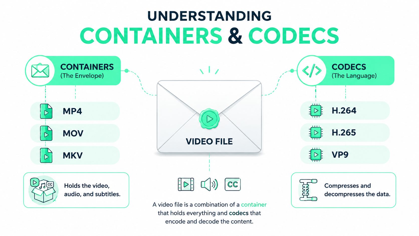 A diagram explaining the difference between video file containers and codecs with illustrative icons and definitions.