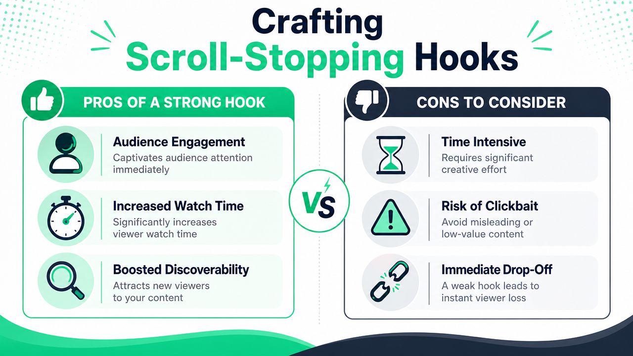 A comparison infographic showing the pros and cons of creating scroll-stopping video hooks for content creators.