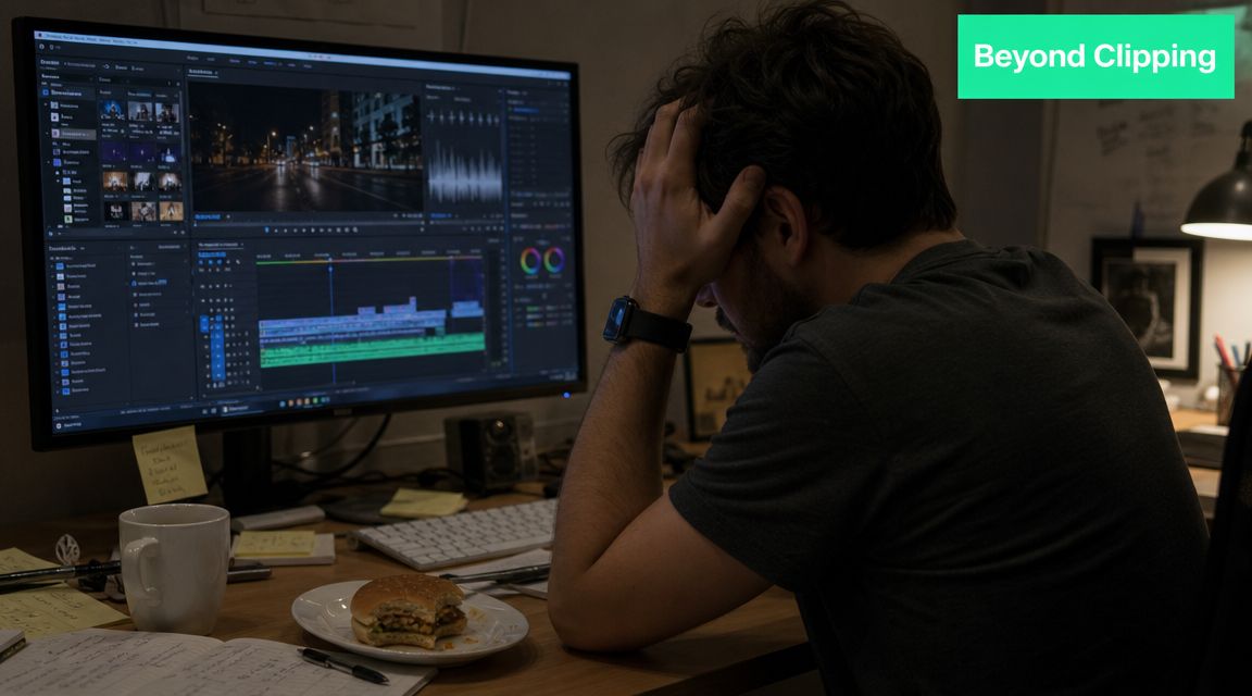 A stressed video editor sitting at a desk with a computer monitor displaying editing software