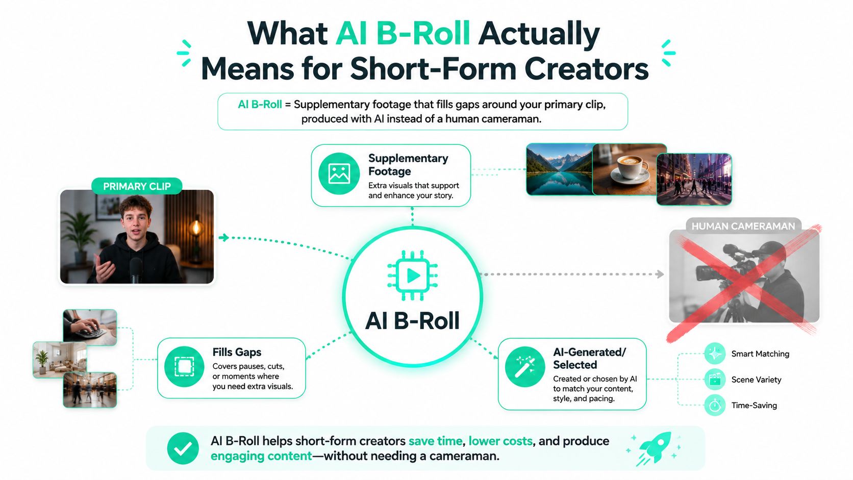 An infographic explaining how AI B-Roll generates supplementary video footage to enhance short-form creator content.