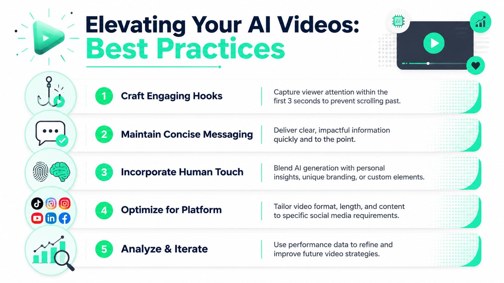 An infographic titled Elevating Your AI Videos showing five best practices for creating engaging AI-generated video content.