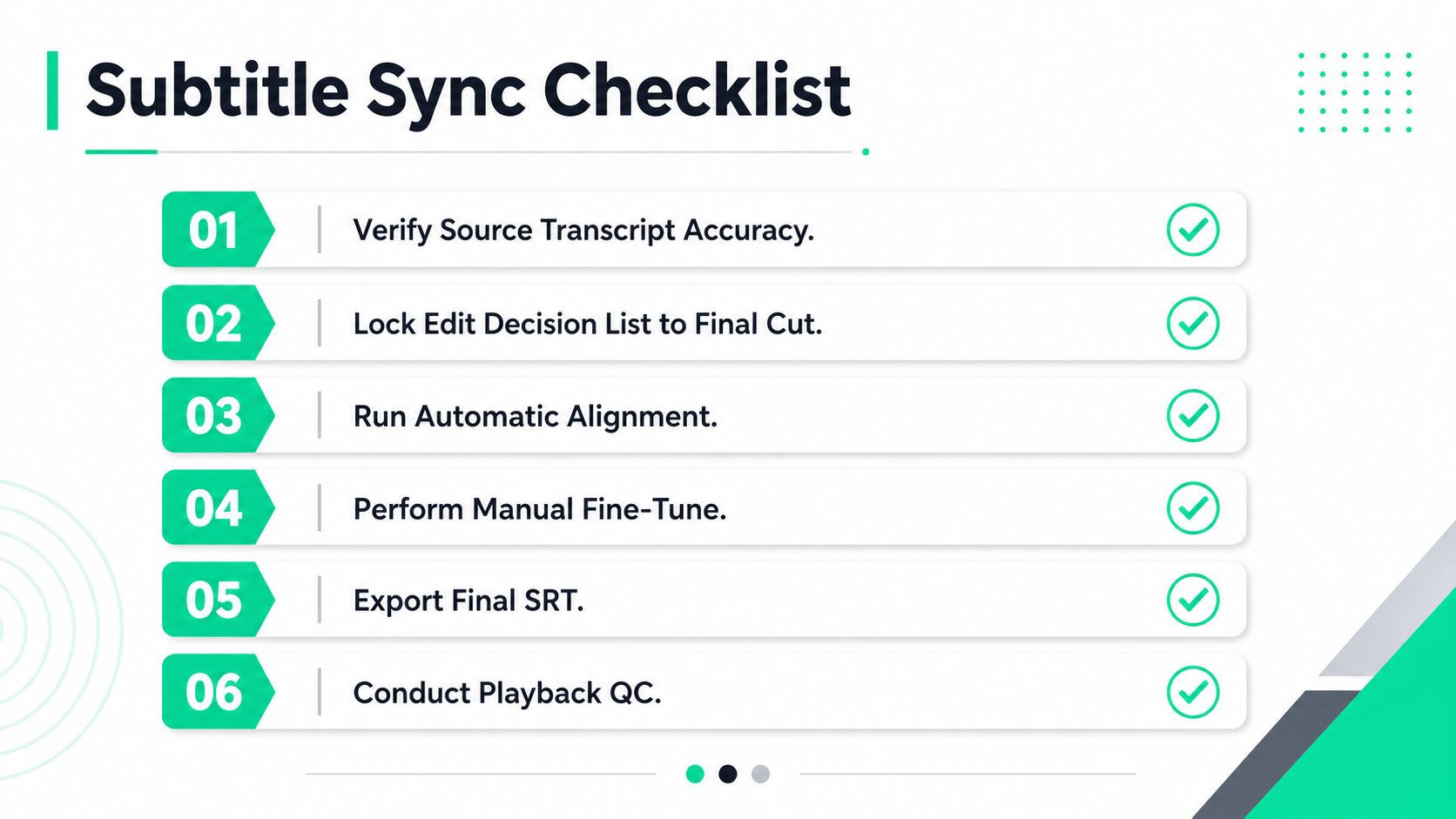 A professional infographic titled Subtitle Sync Checklist listing six essential steps for accurate subtitle synchronization.