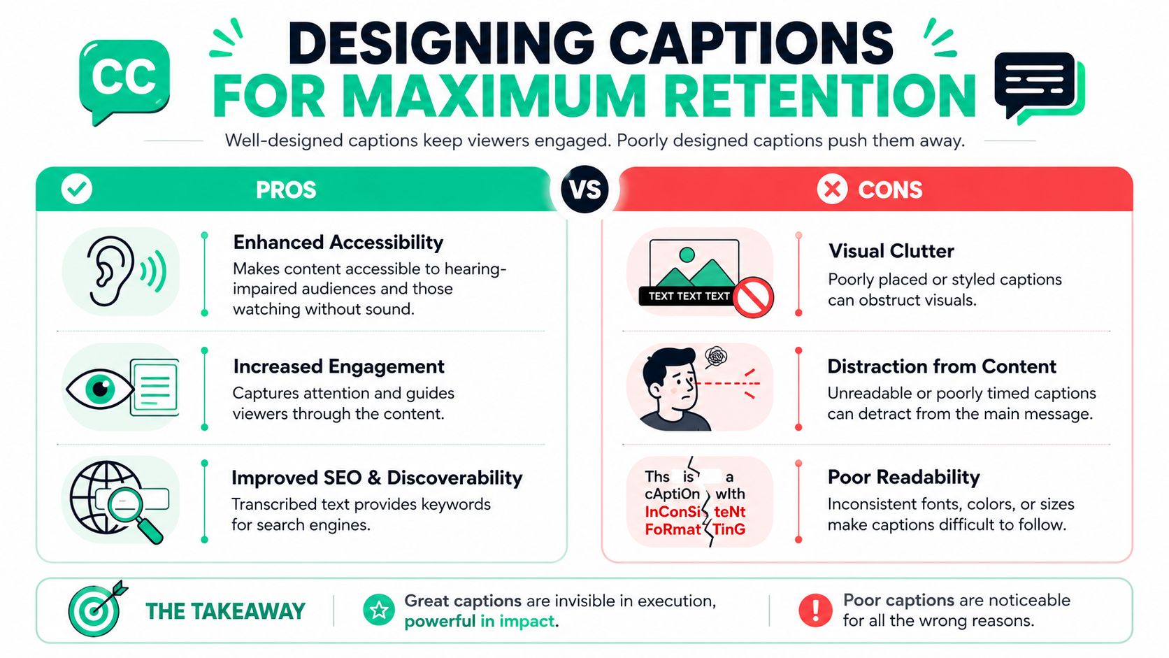 An infographic comparing the pros and cons of using captions for video content and audience engagement.