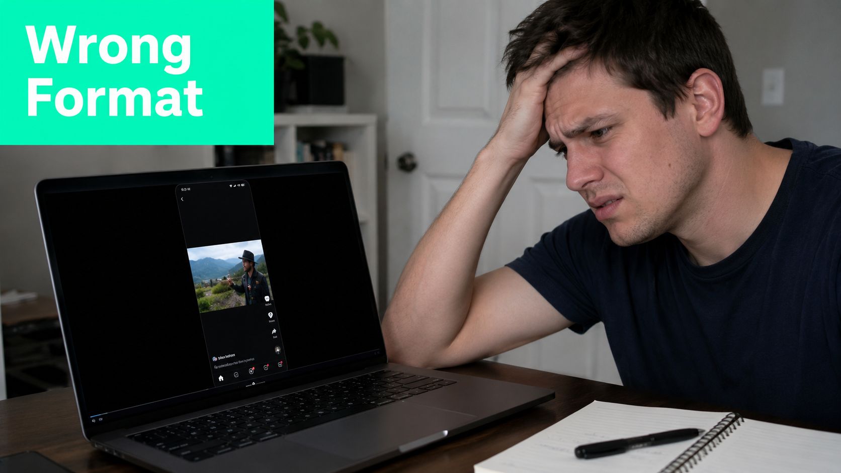 A frustrated man looking at a vertical video format displayed on his laptop screen while sitting at home.