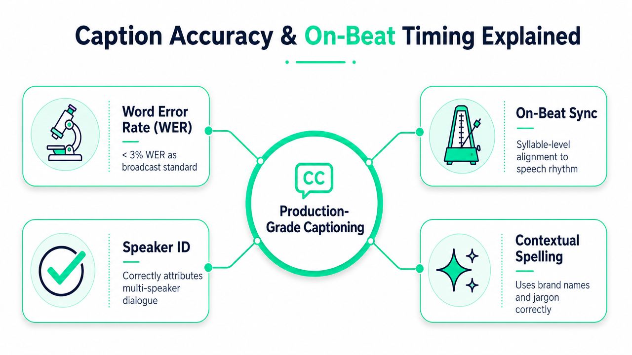 A diagram illustrating the four key components of production-grade captioning: WER, on-beat sync, speaker ID, and contextual spelling.
