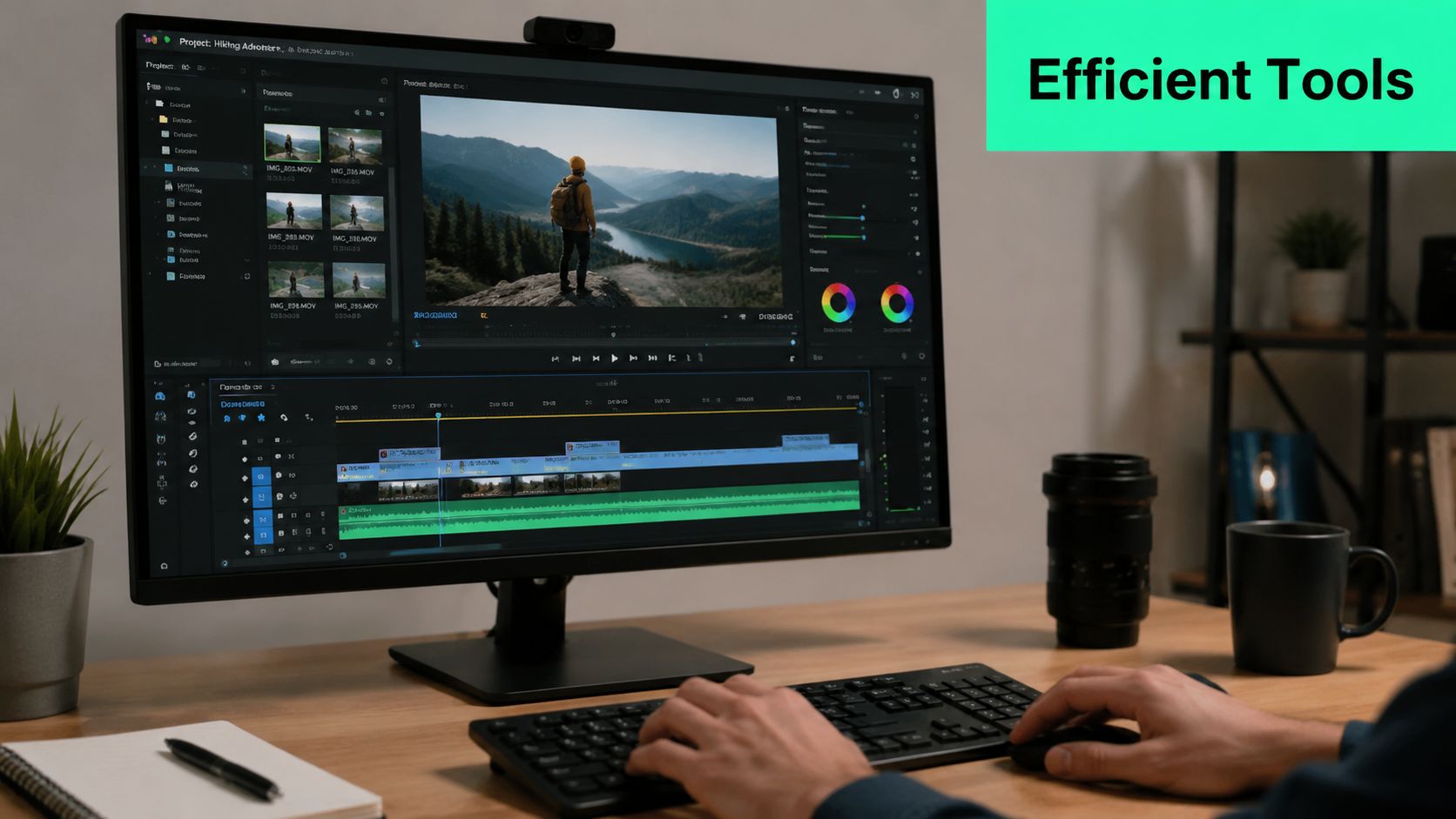 A person editing a professional short form video project on a computer screen in a home office.