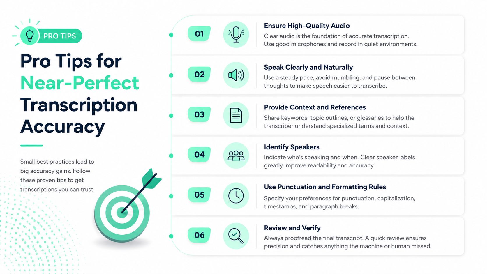 An infographic titled Pro Tips for Near-Perfect Transcription Accuracy featuring six numbered steps for better transcription results.