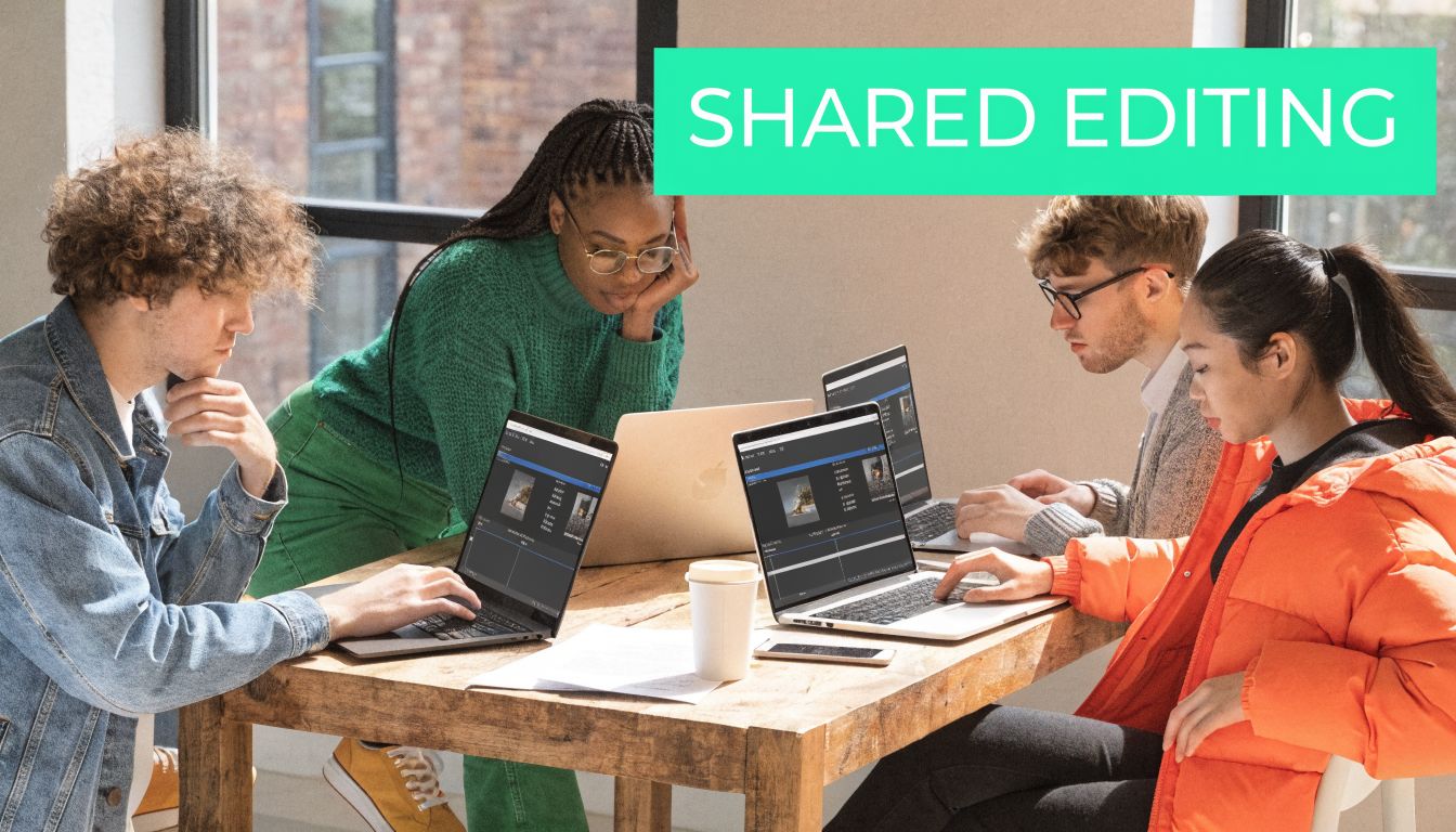 A diverse group of four young professionals collaboratively working on video editing projects on their individual laptops.