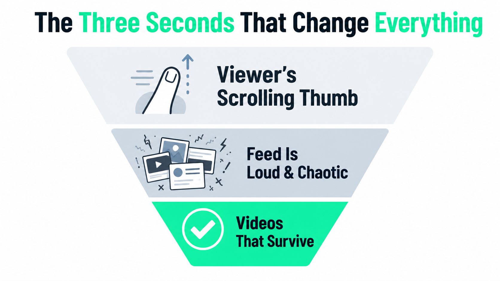 A funnel diagram illustrating how content survives the viewer's fast-paced, chaotic social media scrolling experience.