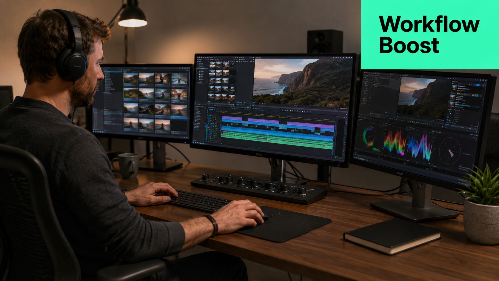 A professional video editor working on a multi-monitor setup with editing software and a control console.