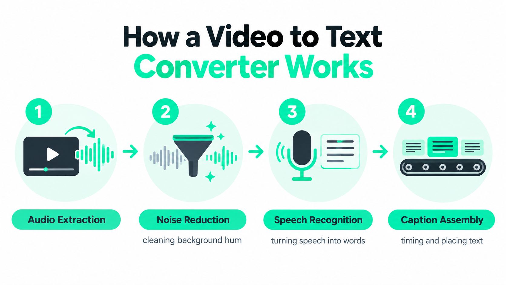 An infographic showing the four-step process of how a video to text converter works.