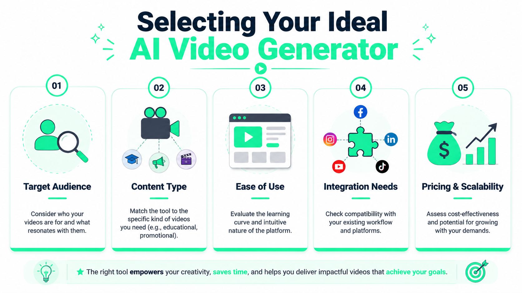 An infographic titled Selecting Your Ideal AI Video Generator, listing five key factors to consider when choosing software.