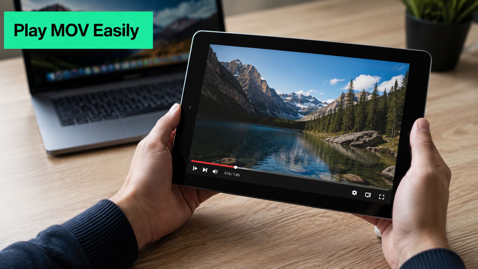 A person holding a tablet displaying a scenic landscape video on a wooden desk with a laptop.