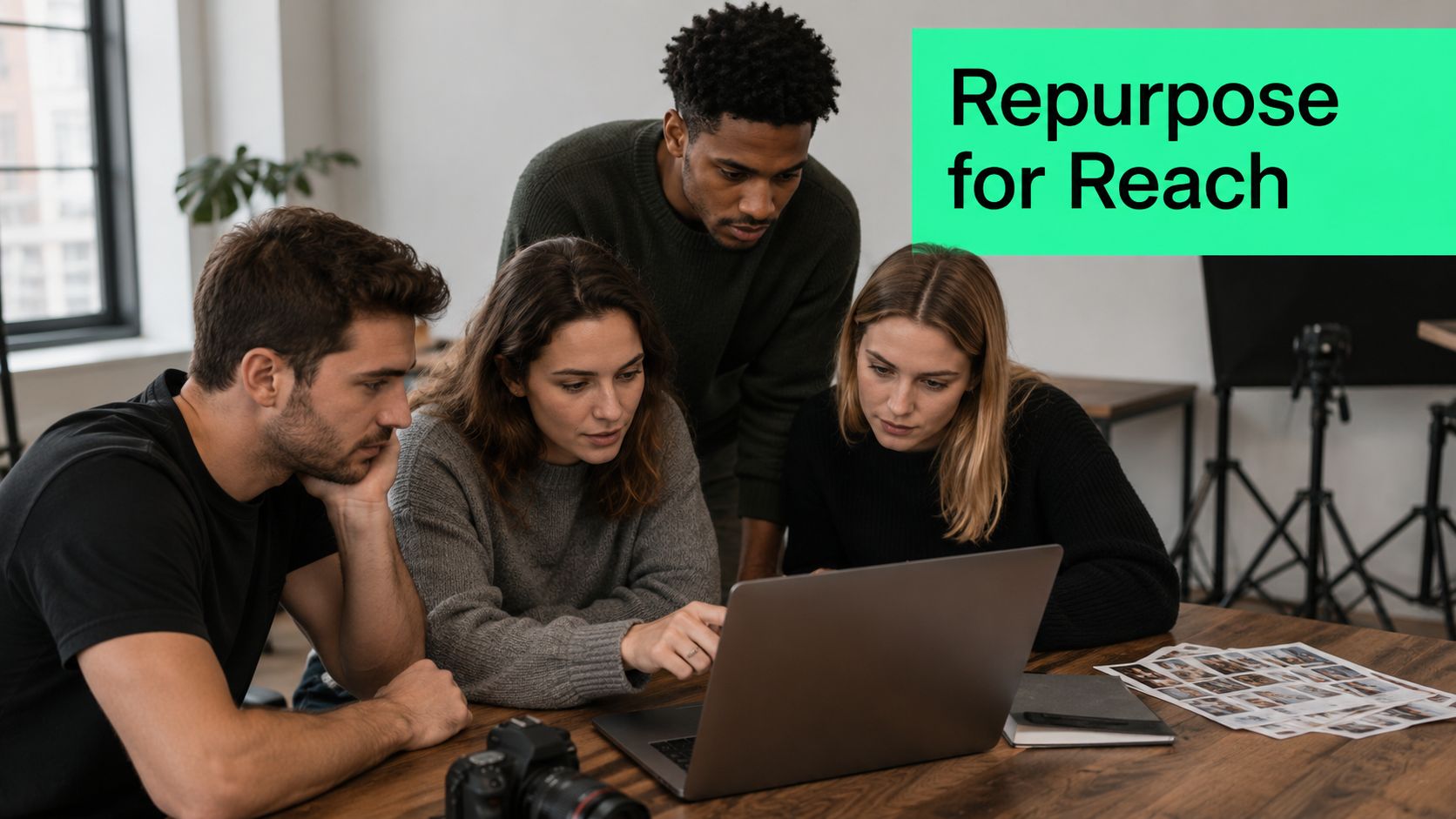 A diverse team of four professionals collaborate while reviewing video content on a laptop at a desk.