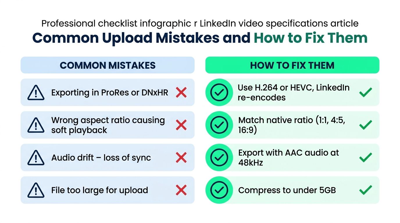 A professional infographic checklist showing common LinkedIn video upload mistakes and their corresponding technical solutions.
