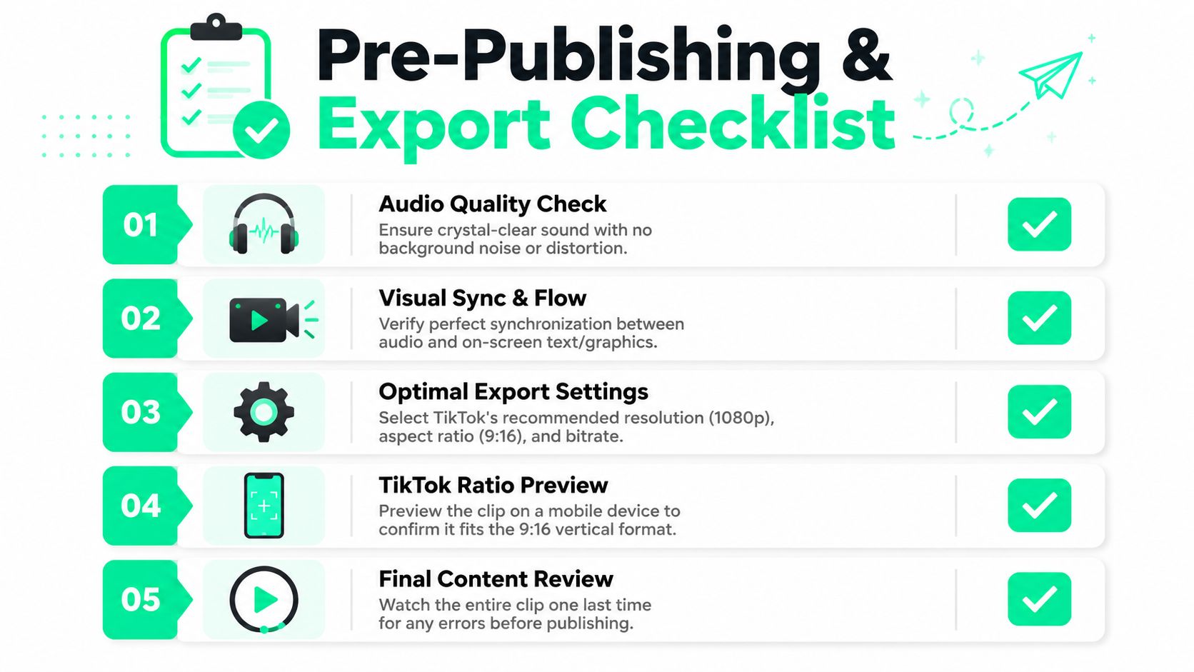 A pre-publishing and export checklist for creating high-quality video content specifically optimized for TikTok social media.