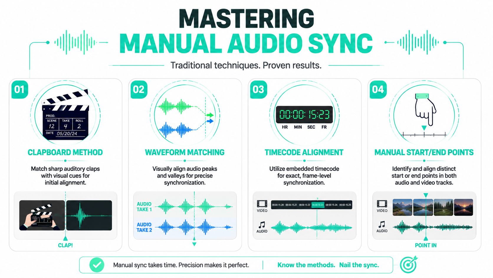 An infographic showing four professional techniques for manually synchronizing audio and video in post-production.