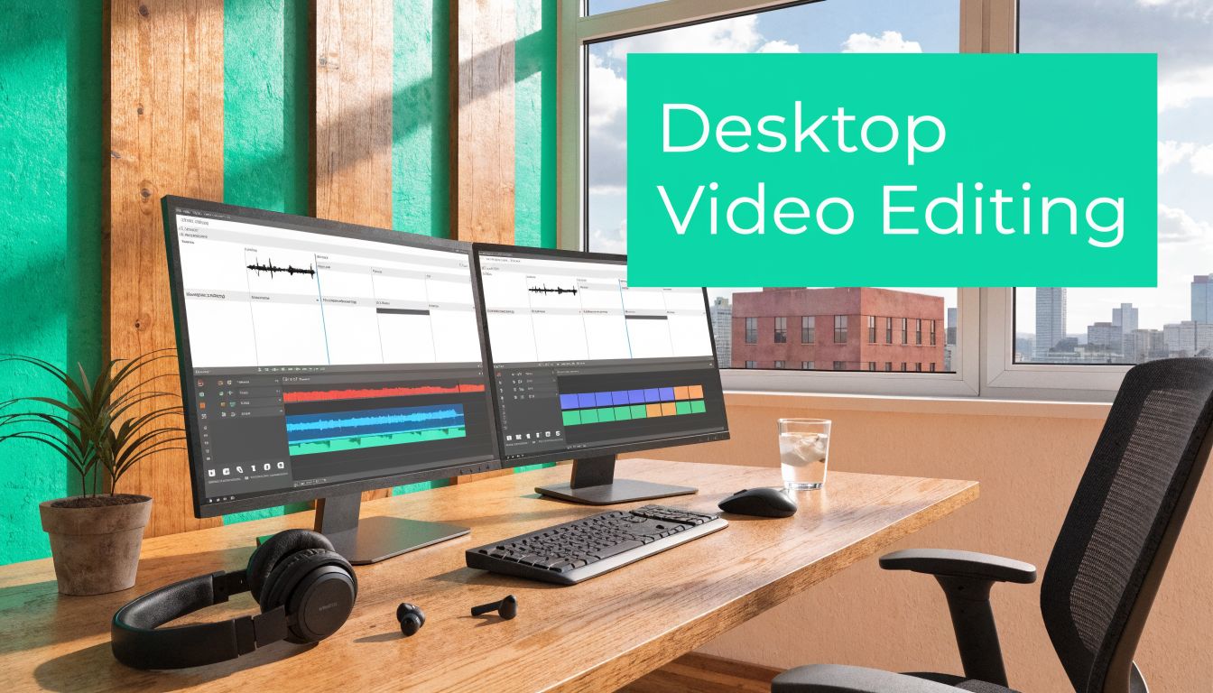 A modern home office setup featuring a computer with video editing software, headphones, and a mouse.