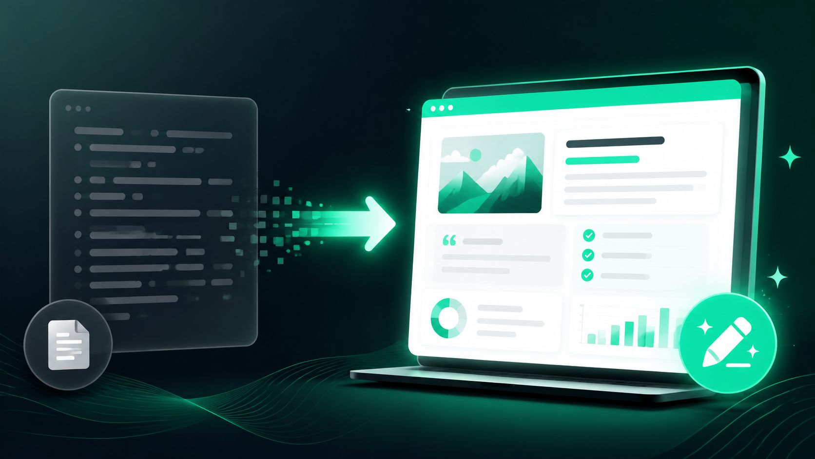 A digital illustration representing the automated conversion of raw data or code into a structured dashboard interface.